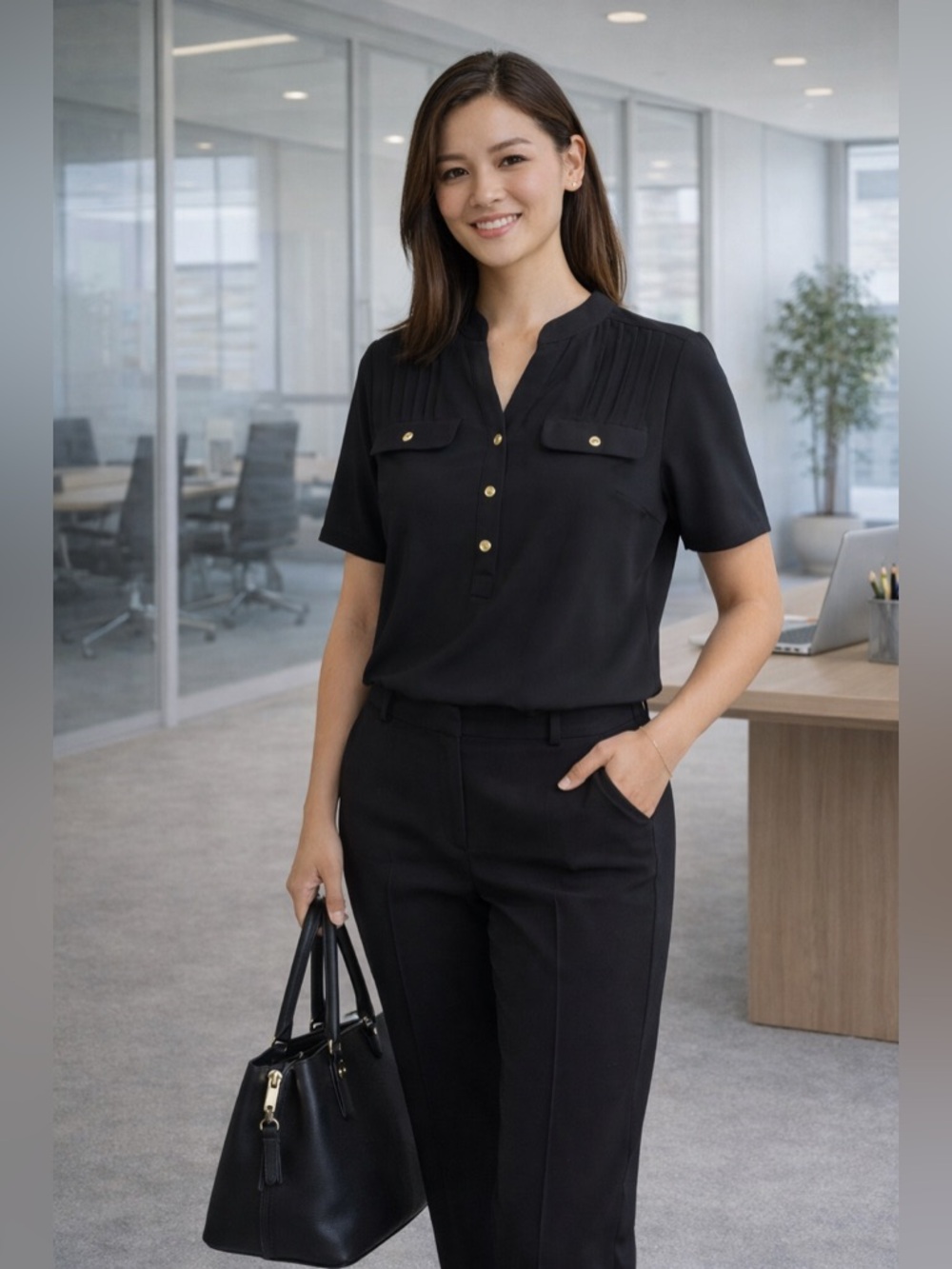Joie De Vivre Black Blouse Women Small Button Front Work Top